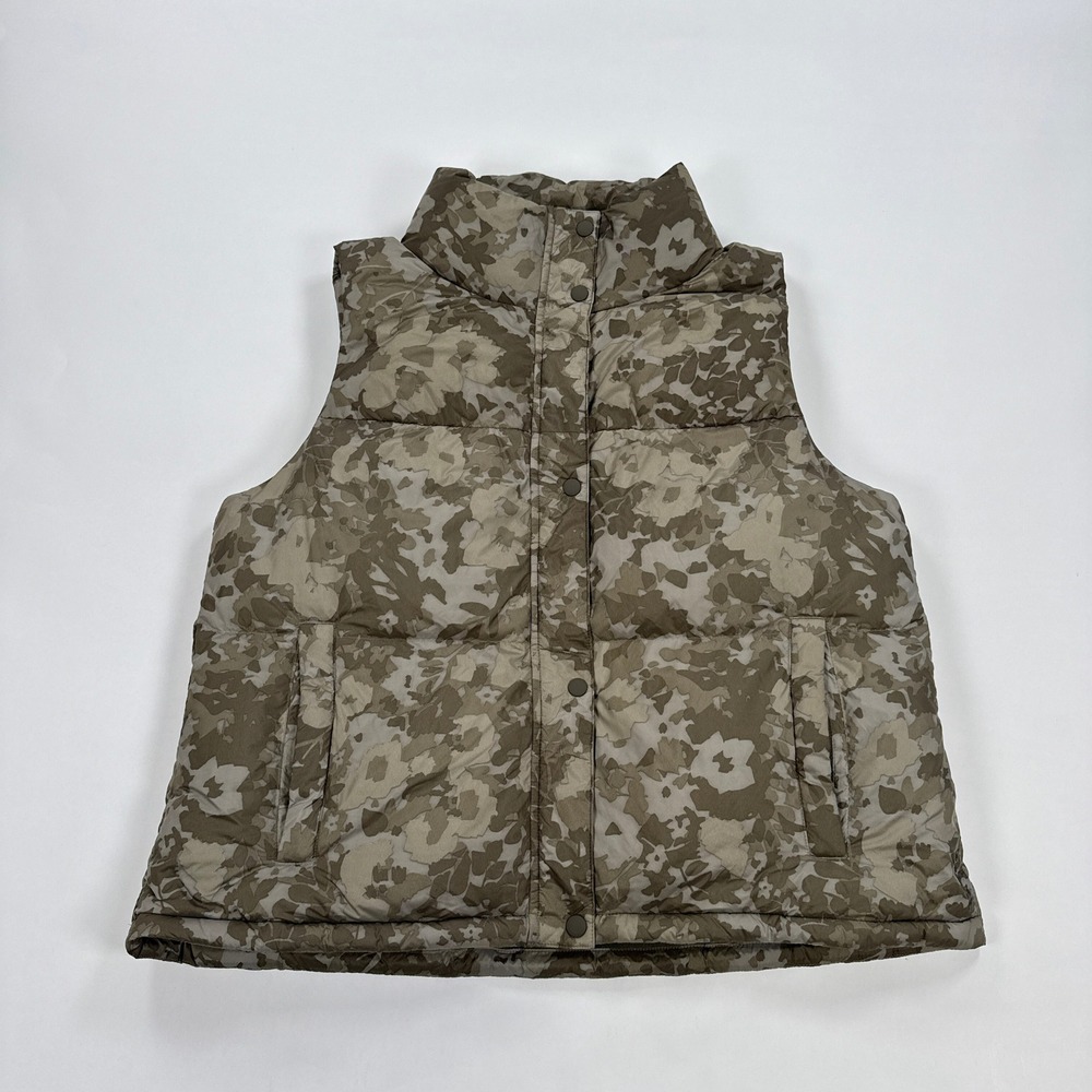 Prana Womens Down Puffer Vest Large Brown Floral Camo Hellebore Gorpcore Outdoor